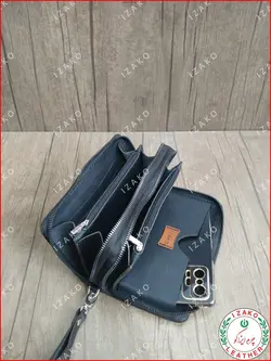 کیف موبایل و پول دو زیپ چرم گاوی دستدوز مدل i-850 برند ایزاکو