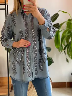 شومیز جین گلدوزی پولک دوزی ترک طرح لوزی اورجینال