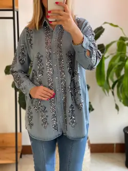 شومیز جین گلدوزی پولک دوزی ترک طرح لوزی اورجینال