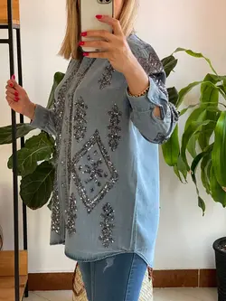 شومیز جین گلدوزی پولک دوزی ترک طرح لوزی اورجینال