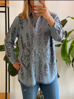 شومیز جین گلدوزی پولک دوزی ترک طرح لوزی اورجینال