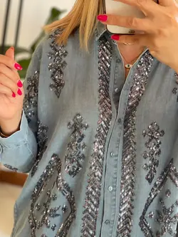 شومیز جین گلدوزی پولک دوزی ترک طرح لوزی اورجینال