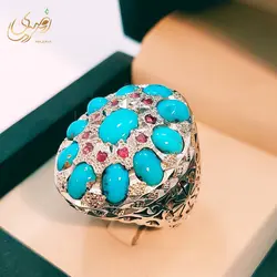 انگشتر نقره مردانه فیروزه نیشابوری اصل و مخراج کاری 16 عدد یاقوت آفریقایی