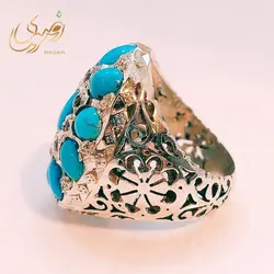 انگشتر نقره مردانه فیروزه نیشابوری اصل و مخراج کاری 16 عدد یاقوت آفریقایی