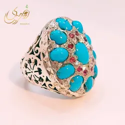 انگشتر نقره مردانه فیروزه نیشابوری اصل و مخراج کاری 16 عدد یاقوت آفریقایی