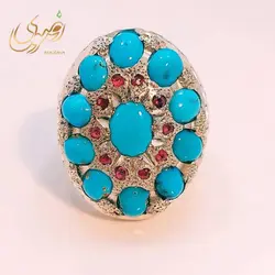 انگشتر نقره مردانه فیروزه نیشابوری اصل و مخراج کاری 16 عدد یاقوت آفریقایی