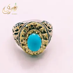 انگشتر نقره مردانه فیروزه نیشابوری اصل با رکاب دست ساز