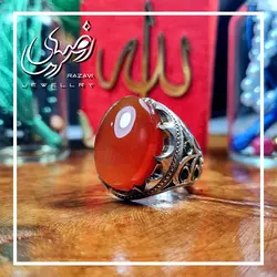 انگشتر نقره دست ساز مردانه عقیق یمنی با مخراج کاری زمرد