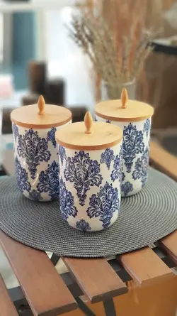 بانکه سرامیکی گل آبی 3 تایی درب چوبی
