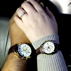 ست ساعت مچی زنانه و ساعت مردانه بند چرمی قهوه ای طرح سه موتوره و تقویم دار | مناسب برای کادوی تولد و هدیه ولنتاین و روز پدر و سالگرد ازدواج