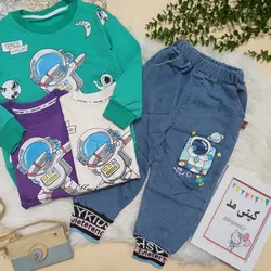 لباس بچگانه وارداتی بلوز و شلوار پسرانه رنگ بنفش یشمی سفید یک تا پنج سال کد 3904