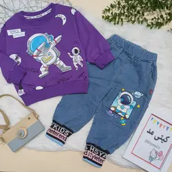 لباس بچگانه وارداتی بلوز و شلوار پسرانه رنگ بنفش یشمی سفید یک تا پنج سال کد 3904