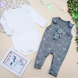 لباس نوزادی پسرانه دخترانه سرهمی نوزادی سرهمی پیشبندی سایز یک دو سه طرح تدی میکی رنگ خاکی طوسی قهوه ای کد۷۶۴۳