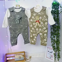 لباس نوزادی پسرانه دخترانه سرهمی نوزادی سرهمی پیشبندی سایز یک دو سه طرح تدی میکی رنگ خاکی طوسی قهوه ای کد۷۶۴۳