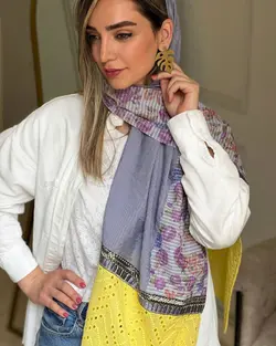 شال بنفش گلدار با خامه دوزي زرد