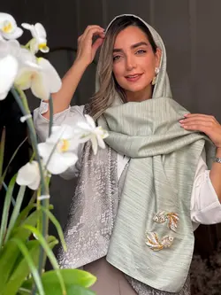 شال تافته سبز تيفاني با اكسسوري ماهي