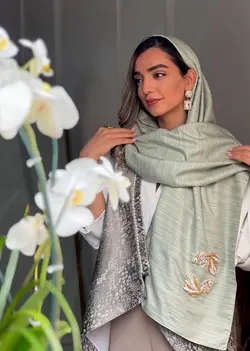 شال تافته سبز تيفاني با اكسسوري ماهي