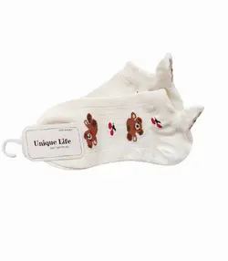 جوراب زنانه مچی پشت خرس گلدوزی طرح خرسها کد MC-423-01 شیری