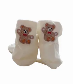 جوراب زنانه مچی پشت خرس گلدوزی طرح خرسها کد MC-423-01 شیری