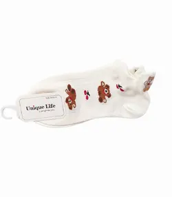 جوراب زنانه مچی پشت خرس گلدوزی طرح خرسها کد MC-423-01 شیری