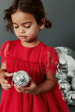 پیراهن تور قرمز پفی استین کوتاه