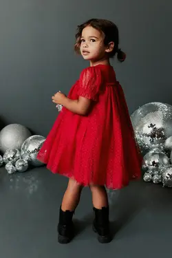 پیراهن تور قرمز پفی استین کوتاه