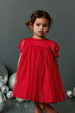 پیراهن تور قرمز پفی استین کوتاه