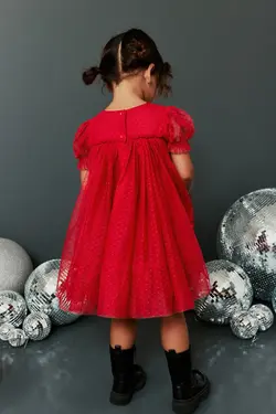 پیراهن تور قرمز پفی استین کوتاه