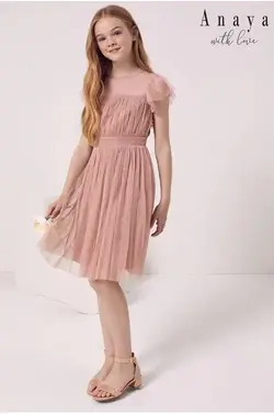 پیراهن توری صورتی آستین کوتاه دخترانه