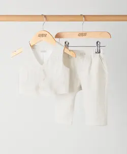 ست دو تیکه پسرانه لینن جلیقه و شلوار کرم‎‎