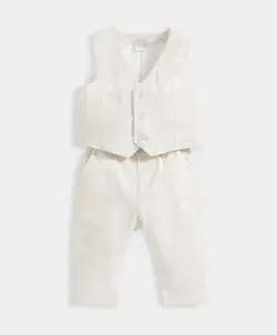 ست دو تیکه پسرانه لینن جلیقه و شلوار کرم‎‎