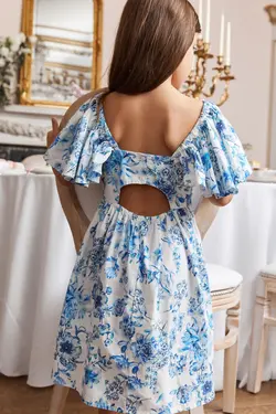 لباس تابستانی گلدار دخترانه پشت باز آبی