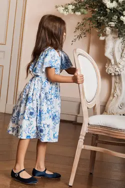 لباس تابستانی گلدار دخترانه پشت باز آبی