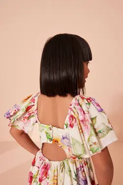 لباس تابستانی گلدار دخترانه پشت باز آستین چین دار