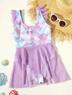 مایو دخترانه طرح پولک بنفش