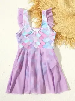 مایو دخترانه طرح پولک بنفش