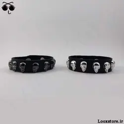 دستبند چرمی اسکلتی مشکی و نقره ای
