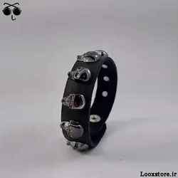 دستبند چرمی اسکلتی مشکی و نقره ای