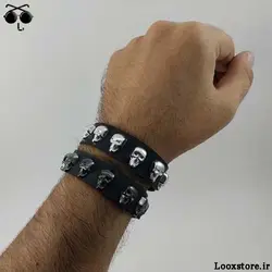 دستبند چرمی اسکلتی مشکی و نقره ای