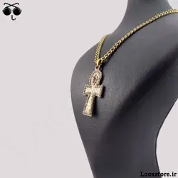 گردنبند صلیب خفن فول نگین طلایی و نقره ای