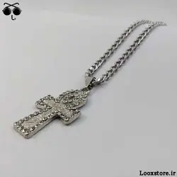 گردنبند صلیب خفن فول نگین طلایی و نقره ای