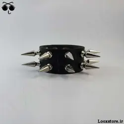 دستبند چرم تیغ دار دو ردیف اسپایک درشت