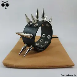 دستبند چرم تیغ دار دو ردیف اسپایک درشت