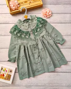 پیراهن دخترانه جلو دکمه یقه گیپور (کد 151) | مناسب 2 تا 9 سال