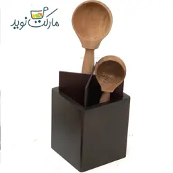 جای قاشق و چنگال چوبی رومیزی مستطیل با ملاقه چوبی
