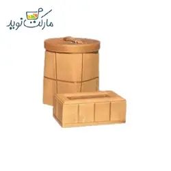 ست دستمال کاغذی و سطل آشغال چوبی با روکش چرم کرمی کازابلانکا
