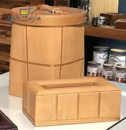ست دستمال کاغذی و سطل آشغال چوبی با روکش چرم کرمی کازابلانکا