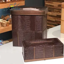 ست دستمال کاغذی و سطل آشغال چوبی با روکش چرم قهوه ای کازابلانکا