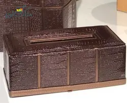 ست دستمال کاغذی و سطل آشغال چوبی با روکش چرم قهوه ای کازابلانکا