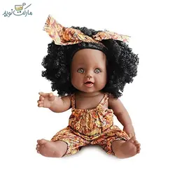 عروسک دختر مو فرفری سیاهپوست با لباس قهوه‌ای